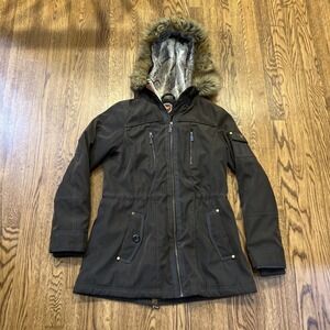 1 Madison Expedition Heritage Collection Brown Fur Trim Parka Coat Women Small P